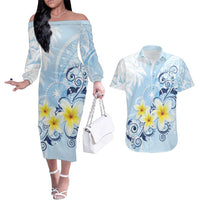 FSM Chuuk Constitution Day Couples Matching Off The Shoulder Long Sleeve Dress and Hawaiian Shirt Polynesian Curves Plumeria - Polynesian Pride
