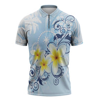 FSM Chuuk Constitution Day Zipper Polo Shirt Polynesian Curves Plumeria LT05 Blue - Polynesian Pride