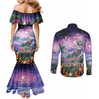 Happy Hulaween Couples Matching Mermaid Dress and Long Sleeve Button Shirt Mahaloween Skeleton Dancing