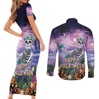 Happy Hulaween Couples Matching Short Sleeve Bodycon Dress and Long Sleeve Button Shirt Mahaloween Skeleton Dancing