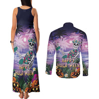 Happy Hulaween Couples Matching Tank Maxi Dress and Long Sleeve Button Shirt Mahaloween Skeleton Dancing