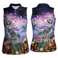 Happy Hulaween Women Sleeveless Polo Shirt Mahaloween Skeleton Dancing