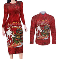 Personalised Aloha Halloween Couples Matching Long Sleeve Bodycon Dress and Long Sleeve Button Shirt Skeleton Surfing