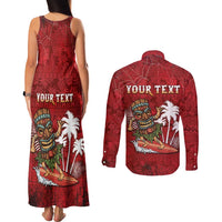 Personalised Aloha Halloween Couples Matching Tank Maxi Dress and Long Sleeve Button Shirt Skeleton Surfing