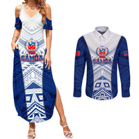 Custom Samoa Rugby Couples Matching Summer Maxi Dress and Long Sleeve Button Shirt 2023 Pacific Championships Polynesian Pattern LT05 Blue - Polynesian Pride