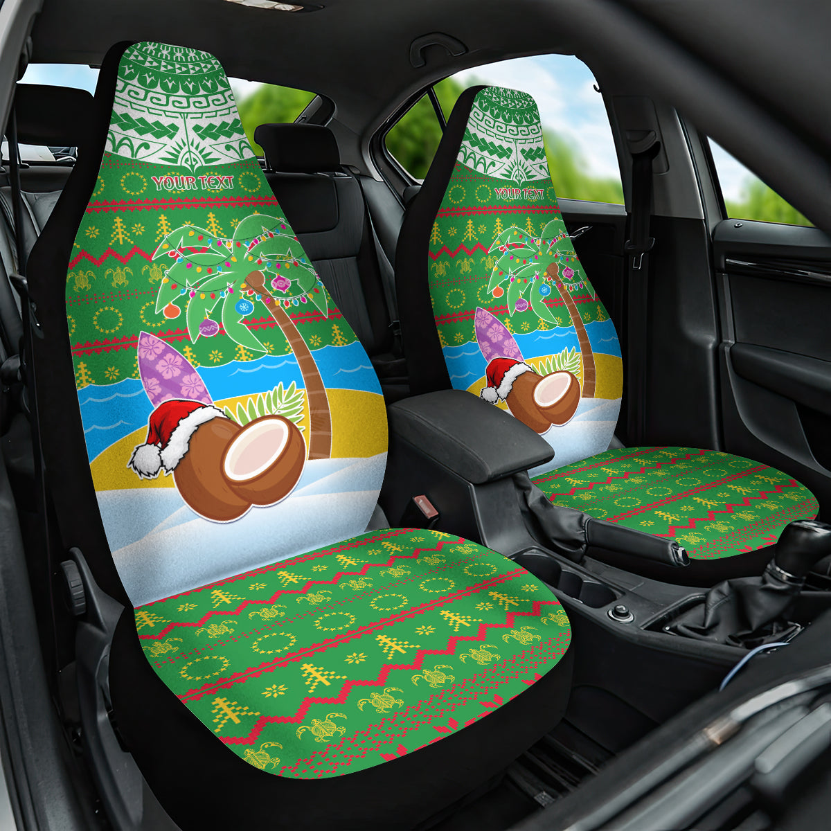 Personalised Cook Islands Christmas Car Seat Cover Coconut Santa Beach Style LT05 One Size Green - Polynesian Pride