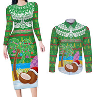 Personalised Cook Islands Christmas Couples Matching Long Sleeve Bodycon Dress and Long Sleeve Button Shirt Coconut Santa Beach Style LT05 Green - Polynesian Pride