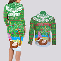 Personalised Cook Islands Christmas Couples Matching Long Sleeve Bodycon Dress and Long Sleeve Button Shirt Coconut Santa Beach Style LT05 - Polynesian Pride