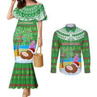 Personalised Cook Islands Christmas Couples Matching Mermaid Dress and Long Sleeve Button Shirt Coconut Santa Beach Style LT05 Green - Polynesian Pride