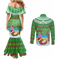 Personalised Cook Islands Christmas Couples Matching Mermaid Dress and Long Sleeve Button Shirt Coconut Santa Beach Style LT05 - Polynesian Pride