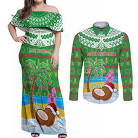 Personalised Cook Islands Christmas Couples Matching Off Shoulder Maxi Dress and Long Sleeve Button Shirt Coconut Santa Beach Style LT05 Green - Polynesian Pride