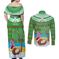 Personalised Cook Islands Christmas Couples Matching Off Shoulder Maxi Dress and Long Sleeve Button Shirt Coconut Santa Beach Style LT05 - Polynesian Pride