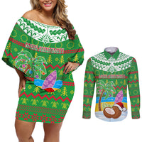 Personalised Cook Islands Christmas Couples Matching Off Shoulder Short Dress and Long Sleeve Button Shirt Coconut Santa Beach Style LT05 Green - Polynesian Pride