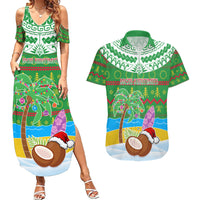 Personalised Cook Islands Christmas Couples Matching Summer Maxi Dress and Hawaiian Shirt Coconut Santa Beach Style LT05 Green - Polynesian Pride