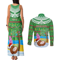 Personalised Cook Islands Christmas Couples Matching Tank Maxi Dress and Long Sleeve Button Shirt Coconut Santa Beach Style LT05 - Polynesian Pride