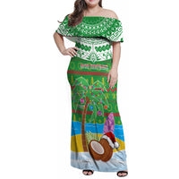 Personalised Cook Islands Christmas Family Matching Off Shoulder Maxi Dress and Hawaiian Shirt Coconut Santa Beach Style LT05 Mom's Dress Green - Polynesian Pride