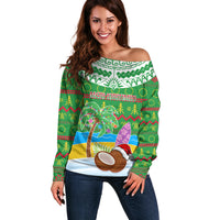 Personalised Cook Islands Christmas Off Shoulder Sweater Coconut Santa Beach Style LT05 Women Green - Polynesian Pride
