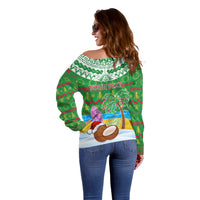 Personalised Cook Islands Christmas Off Shoulder Sweater Coconut Santa Beach Style LT05 - Polynesian Pride