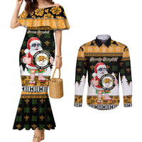 Custom Hawaii James Campbell High School Christmas Couples Matching Mermaid Dress and Long Sleeve Button Shirt Tropical Santa Claus LT05 Black - Polynesian Pride