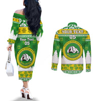 Custom Hawaii Kaimuki High School Christmas Couples Matching Off The Shoulder Long Sleeve Dress and Long Sleeve Button Shirt Tropical Santa Claus LT05 - Polynesian Pride