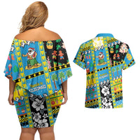 Tuvalu Christmas Couples Matching Off Shoulder Short Dress and Hawaiian Shirt Festive Beach Vibes LT05 - Polynesian Pride