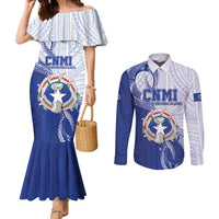 Personalized Northern Mariana Islands Couples Matching Mermaid Dress and Long Sleeve Button Shirt CNMI Seal LT05 Blue - Polynesian Pride