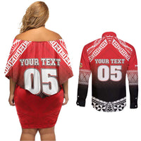 Custom Rugby Tonga MMT Couples Matching Off Shoulder Short Dress and Long Sleeve Button Shirt Mana O Tonga - Polynesian Pride