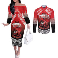 Custom Rugby Tonga MMT Couples Matching Off The Shoulder Long Sleeve Dress and Long Sleeve Button Shirt Mana O Tonga - Polynesian Pride