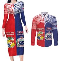 Custom Rugby Samoa And Tonga Couples Matching Long Sleeve Bodycon Dress and Long Sleeve Button Shirt Toa Samoa With Mate Maa - Polynesian Pride