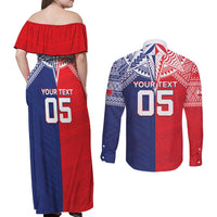 Custom Rugby Samoa And Tonga Couples Matching Off Shoulder Maxi Dress and Long Sleeve Button Shirt Toa Samoa With Mate Maa - Polynesian Pride