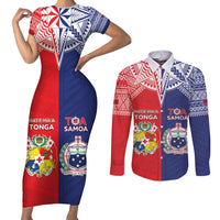 Custom Rugby Samoa And Tonga Couples Matching Short Sleeve Bodycon Dress and Long Sleeve Button Shirt Toa Samoa With Mate Maa - Polynesian Pride
