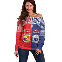 Custom Rugby Samoa And Tonga Off Shoulder Sweater Toa Samoa With Mate Maa - Polynesian Pride