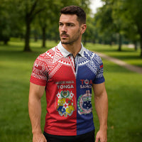 Custom Rugby Samoa And Tonga Zipper Polo Shirt Toa Samoa With Mate Maa - Polynesian Pride