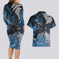 New Zealand Huia Bird Couples Matching Long Sleeve Bodycon Dress and Hawaiian Shirt Aotearoa Maori Pattern