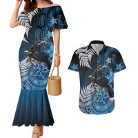 New Zealand Huia Bird Couples Matching Mermaid Dress and Hawaiian Shirt Aotearoa Maori Pattern