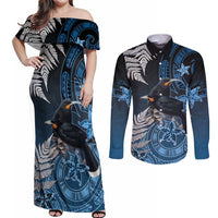 New Zealand Huia Bird Couples Matching Off Shoulder Maxi Dress and Long Sleeve Button Shirt Aotearoa Maori Pattern