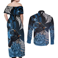 New Zealand Huia Bird Couples Matching Off Shoulder Maxi Dress and Long Sleeve Button Shirt Aotearoa Maori Pattern