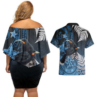 New Zealand Huia Bird Couples Matching Off Shoulder Short Dress and Hawaiian Shirt Aotearoa Maori Pattern