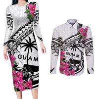 Guam Chamorro Couples Matching Long Sleeve Bodycon Dress and Long Sleeve Button Shirt Bougainvillea White Polynesian Tribal Pattern