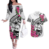 Guam Chamorro Couples Matching Off The Shoulder Long Sleeve Dress and Hawaiian Shirt Bougainvillea White Polynesian Tribal Pattern