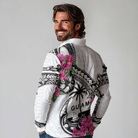 Guam Chamorro Long Sleeve Polo Shirt Bougainvillea White Polynesian Tribal Pattern