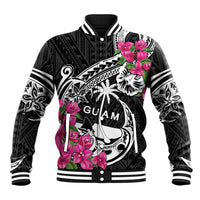 Guam Chamorro Baseball Jacket Bougainvillea Black Polynesian Tribal Pattern