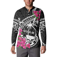 Guam Chamorro Button Sweatshirt Bougainvillea Black Polynesian Tribal Pattern
