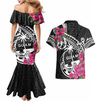 Guam Chamorro Couples Matching Mermaid Dress and Hawaiian Shirt Bougainvillea Black Polynesian Tribal Pattern
