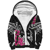 Guam Chamorro Sherpa Hoodie Bougainvillea Black Polynesian Tribal Pattern