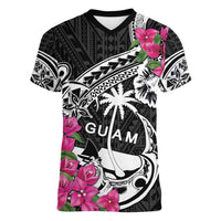 Guam Chamorro Women V-Neck T-Shirt Bougainvillea Black Polynesian Tribal Pattern
