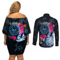 Tahiti Ia Orana Couples Matching Off Shoulder Short Dress and Long Sleeve Button Shirt Polynesian Turtle With Coat Of Arms LT05 - Polynesian Pride