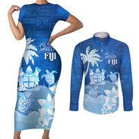 Personalised Bula Fiji Couples Matching Short Sleeve Bodycon Dress and Long Sleeve Button Shirt Fijian Masi Pattern With Blue Coat Of Arms LT05 Blue - Polynesian Pride