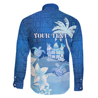 Personalised Bula Fiji Family Matching Long Sleeve Bodycon Dress and Hawaiian Shirt Fijian Masi Pattern With Blue Coat Of Arms LT05 - Polynesian Pride
