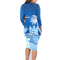 Personalised Bula Fiji Family Matching Long Sleeve Bodycon Dress and Hawaiian Shirt Fijian Masi Pattern With Blue Coat Of Arms LT05 - Polynesian Pride
